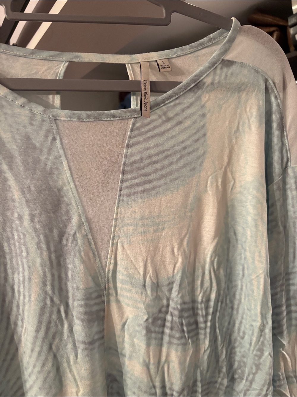 Calvin Klein Pale Blue and White Tie-Dye V-Neck Blouse